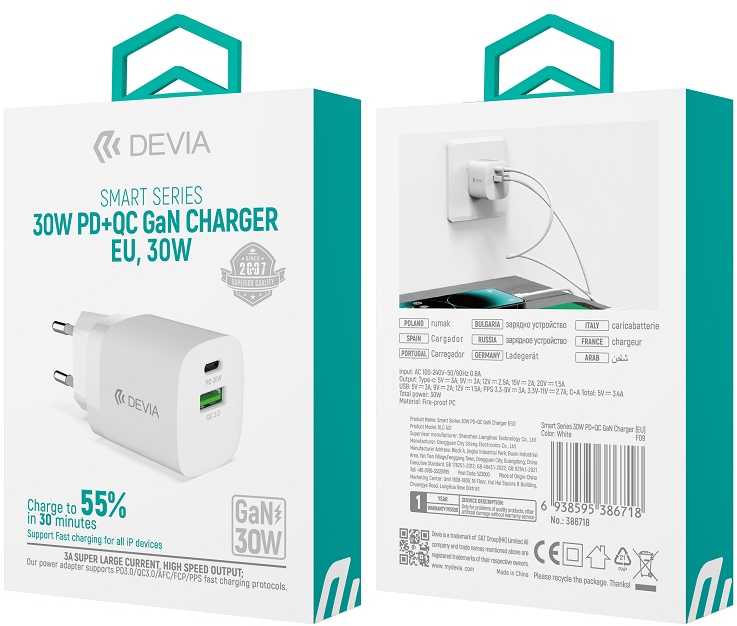 Devia sieninis įkroviklis Smart PD GaN 30W 1x USB-C 1xUSB baltas