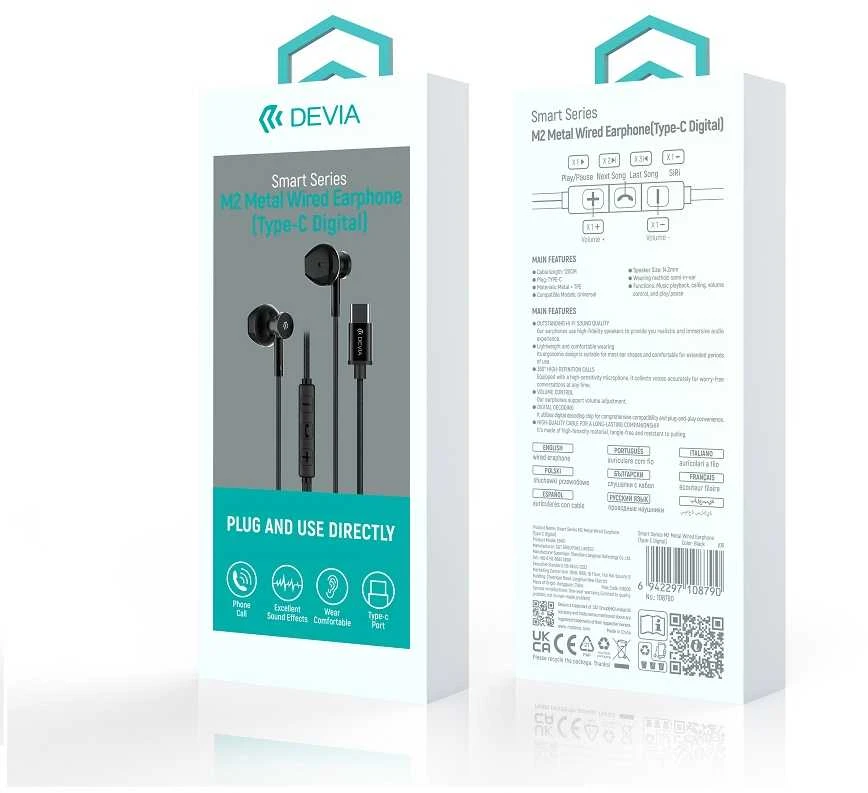 Devia laidinės ausinės Smart M2 Digital Metal USB-C sidabro spalvos