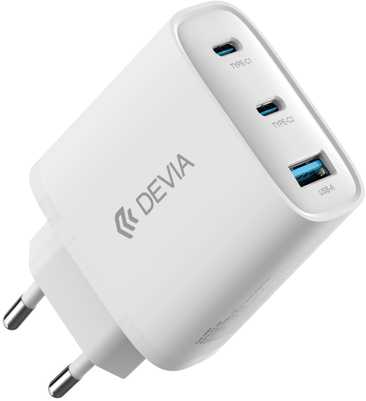 Devia laidinis įkroviklis Extreme PD GaN 65W 2x USB-C 1x USB baltos spalvos + kabeliu USB-C - USB-C laptop charger