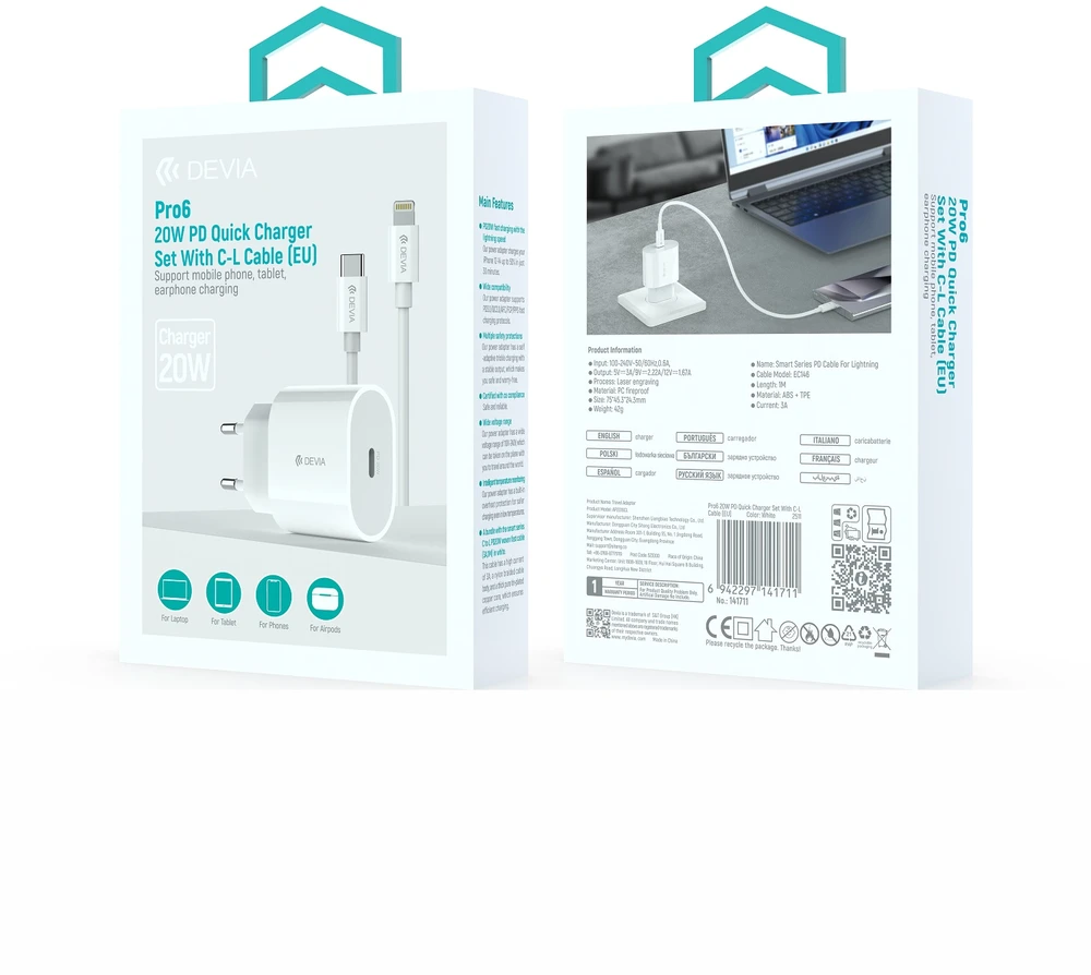 TFO Devia wall charger Pro6 QC 1xUSB-C 20W + USB-C-Lightning cable baltas