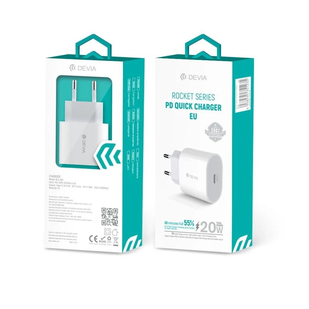 Devia sieninis įkroviklis Rocket PD 20W 1x USB-C baltas + laidas USB-C – Lightning