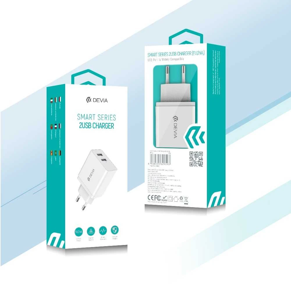 Devia sieninis įkroviklis Smart 2x USB 2,4A baltas + Lightning laidas