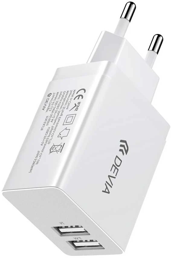 Įkroviklis buitinis Devia Smart su dviem USB jungtimis (2.4A) baltas