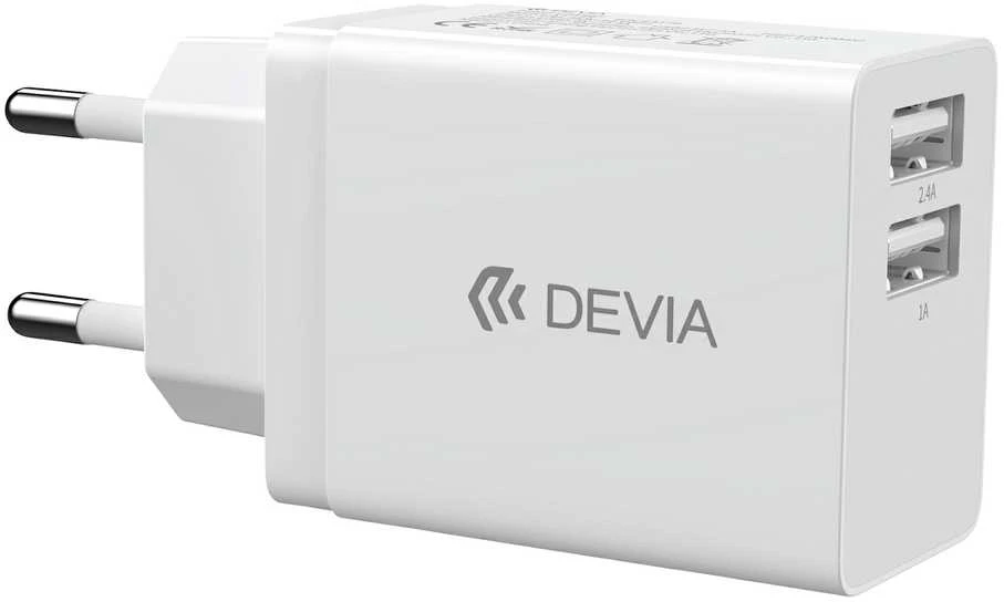 Įkroviklis buitinis Devia Smart su dviem USB jungtimis (2.4A) baltas
