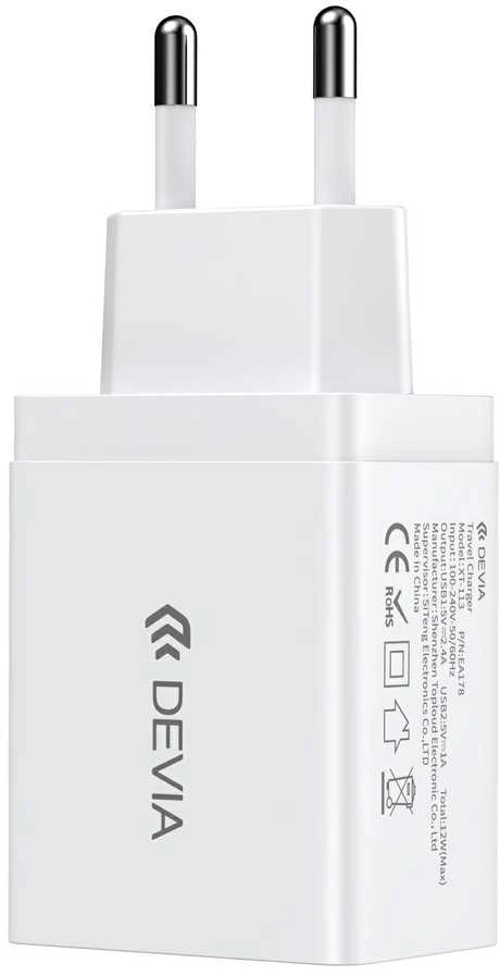 Devia sieninis įkroviklis Smart 2x USB 2,4A baltas + Lightning laidas
