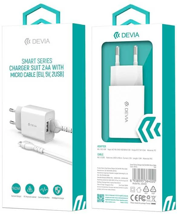 Įkroviklis buitinis Devia Smart su dviem USB jungtimis (2.4A) baltas