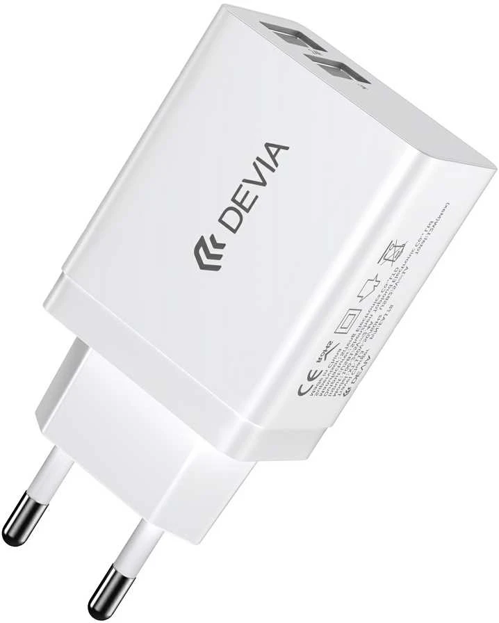 Devia sieninis įkroviklis Smart 2x USB 2,4A baltas + Lightning laidas