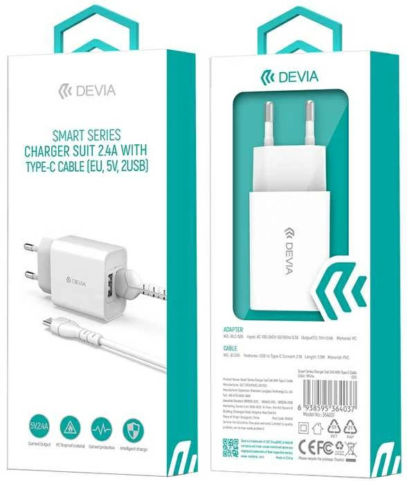 Devia sieninis įkroviklis Smart 2x USB 2,4A baltas + Lightning laidas