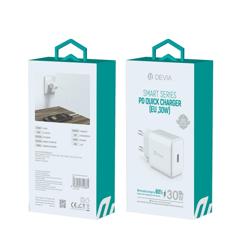 Devia sieninis įkroviklis Smart PD GaN 30W 1x USB-C 1xUSB baltas