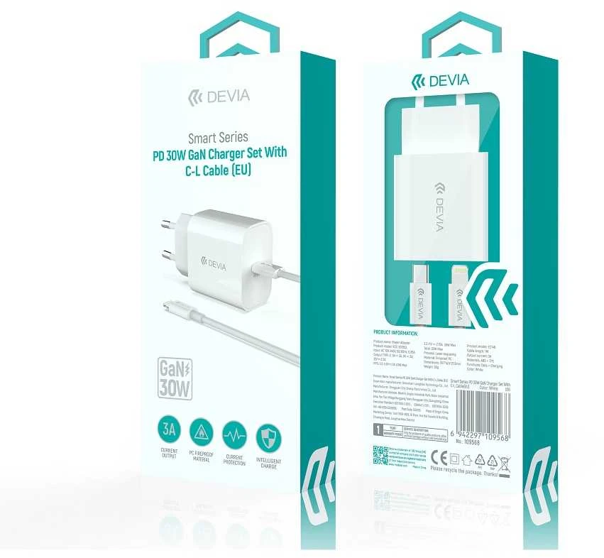 Devia sieninis įkroviklis Smart PD GaN 30W 1x USB-C baltas