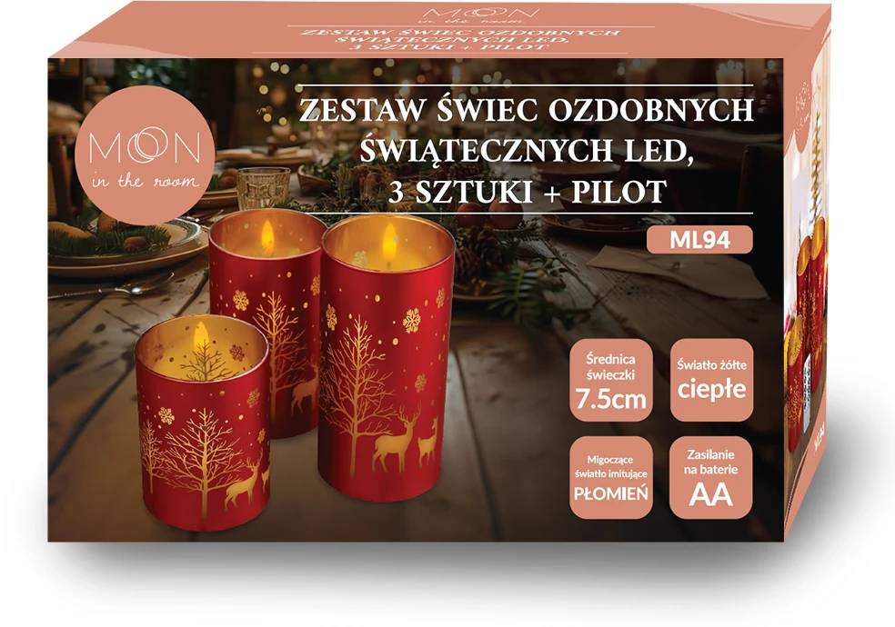 Home Styling Collection Lamex Dekoratyvinis LED žvakių rinkinys 3 vnt. Kalėdų raudona ir auksinė + nuotolinio valdymo pultas