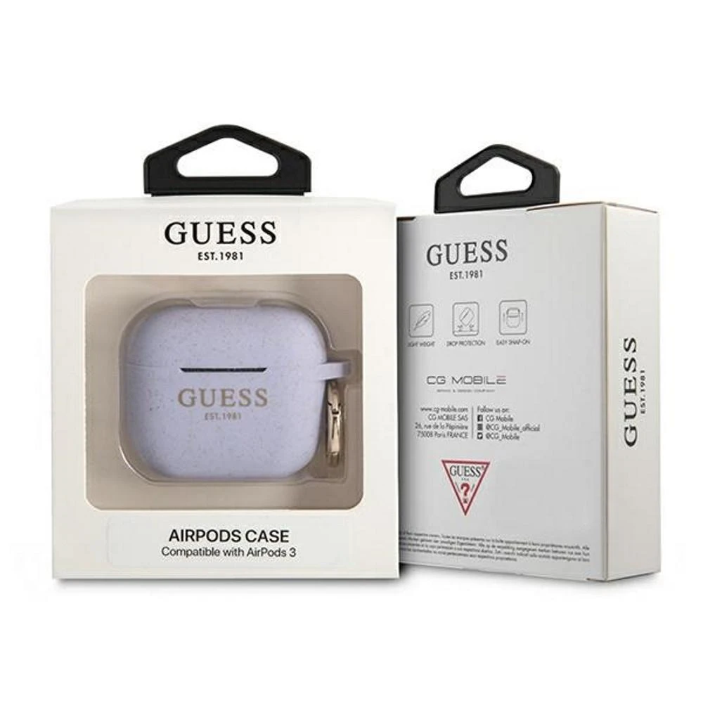 Guess apsauginis dėklas GUA3SGGEU silikoninis blizgus, skirtas AirPods 3 purpurinis