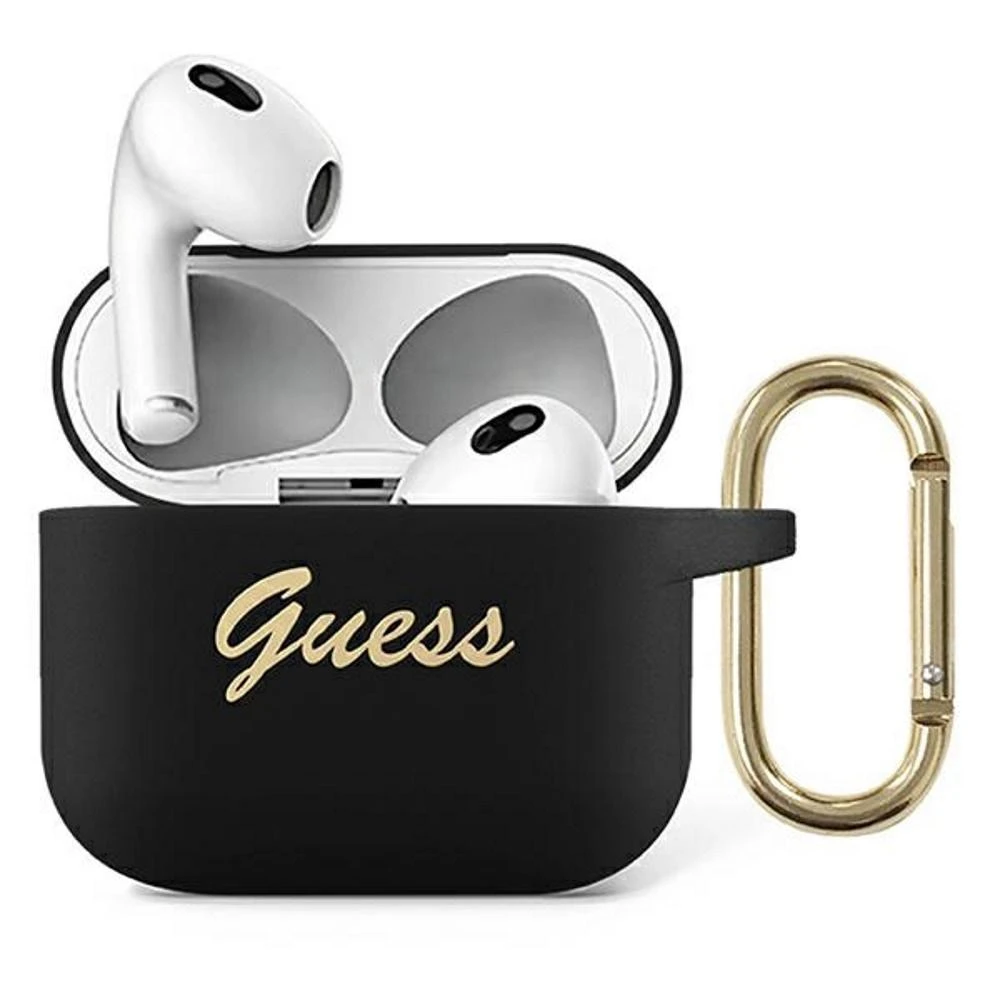 Guess Apsauginis dėklas GUA3SSSK silikoninis Vintage Script, skirtas AirPods 3 juodas