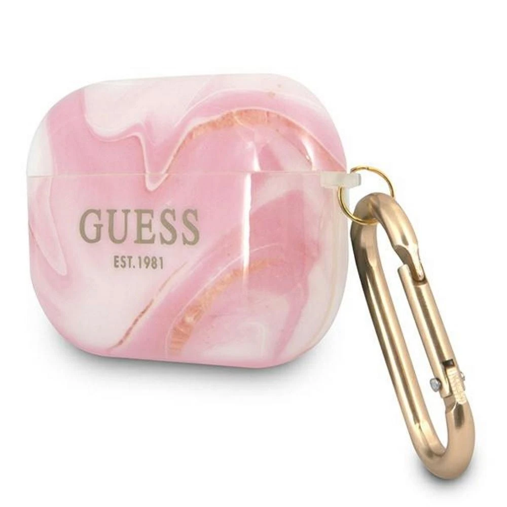 Guess rožinis marmurinis AirPods Pro dėklas su karabinu