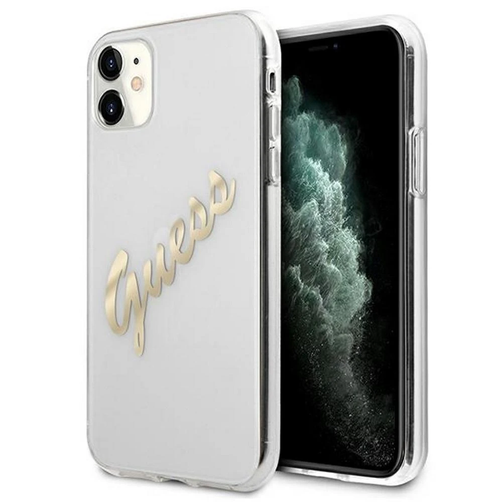 Guess GUHCP12MKTRSVGO Apple iPhone 12/12 Pro 6,1″ skaidrus kietas dėklas Vintage Script Gold