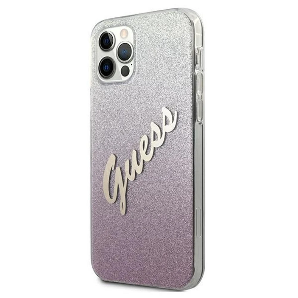 Dėklas GUESS GLITTER GRADIENT SCRIPT IPHONE 12/12 PRO Rožinis