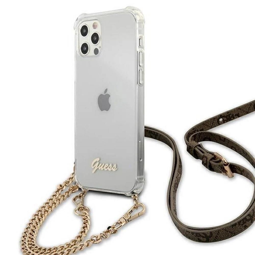 Apple iPhone 12 / 12 Pro Guess dėklas 4G Gold Chain (GUHCP12MKC4GSGO) skaidrus