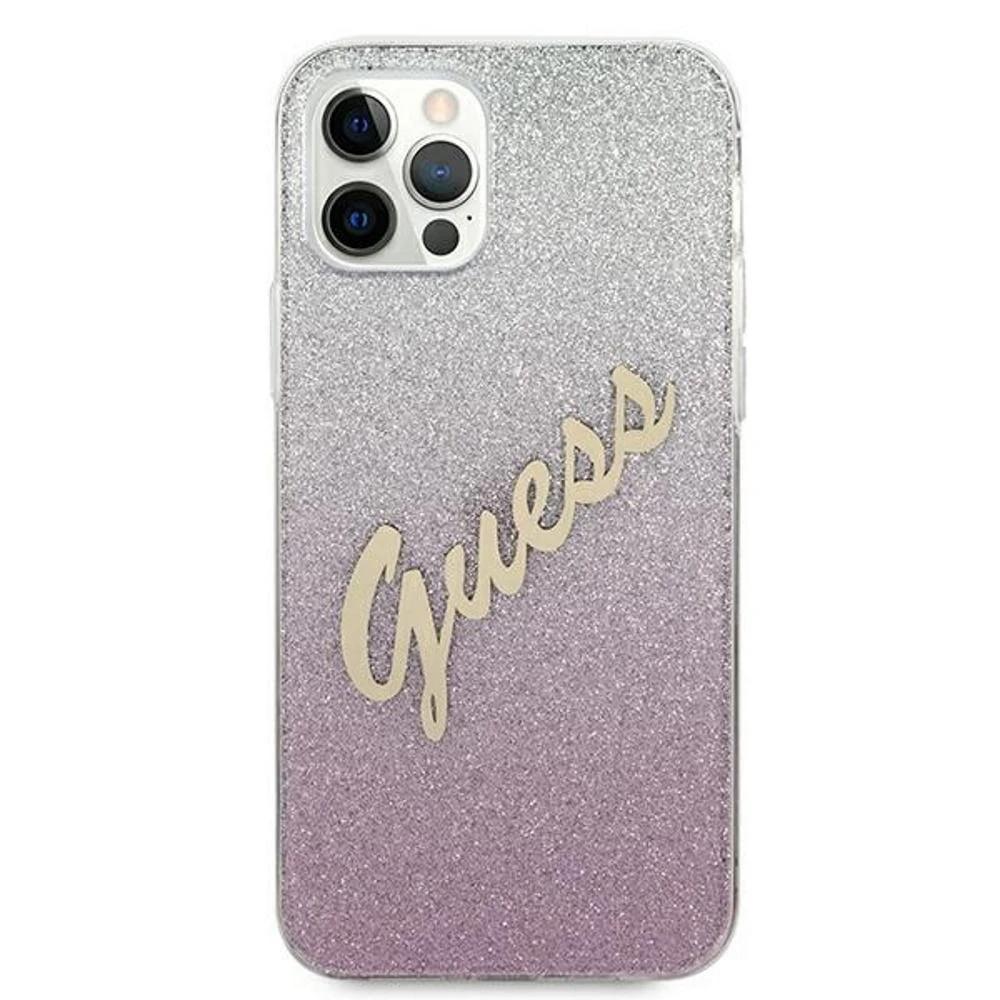 Dėklas GUESS GLITTER GRADIENT SCRIPT IPHONE 12/12 PRO Rožinis
