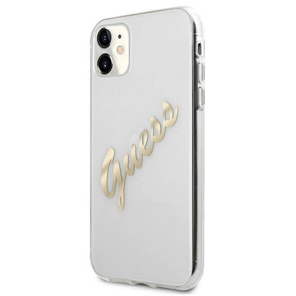 Guess GUHCP12MKTRSVGO Apple iPhone 12/12 Pro 6,1″ skaidrus kietas dėklas Vintage Script Gold