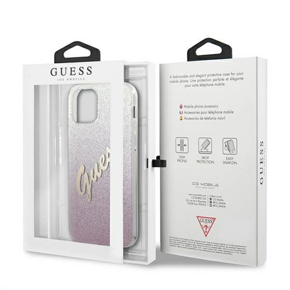 Dėklas GUESS GLITTER GRADIENT SCRIPT IPHONE 12/12 PRO Rožinis