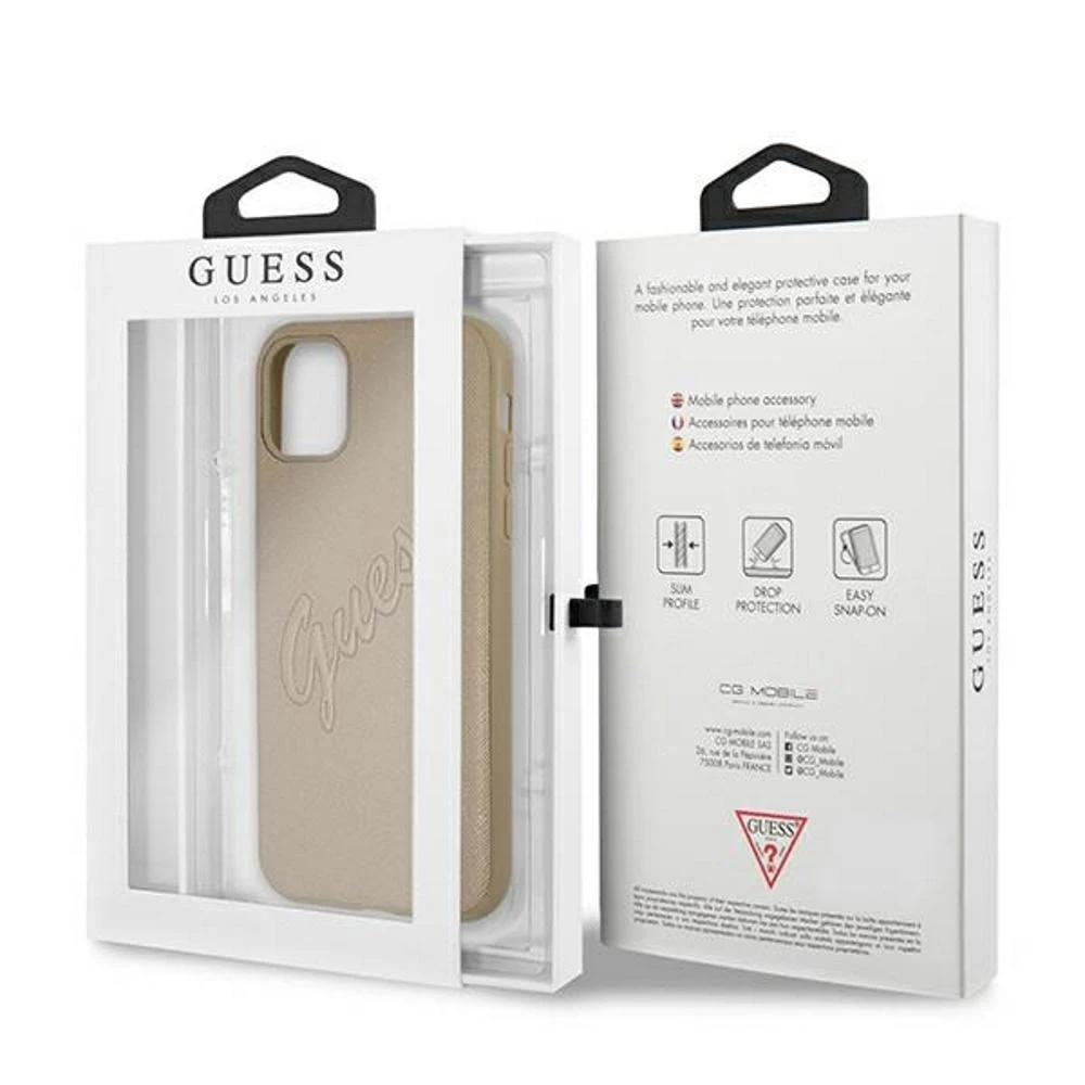 Guess GUHCP12MRSAVSLG Apple iPhone 12/12 Pro 6,1″ auksinis kietas dėklas Saffiano Vintage Script
