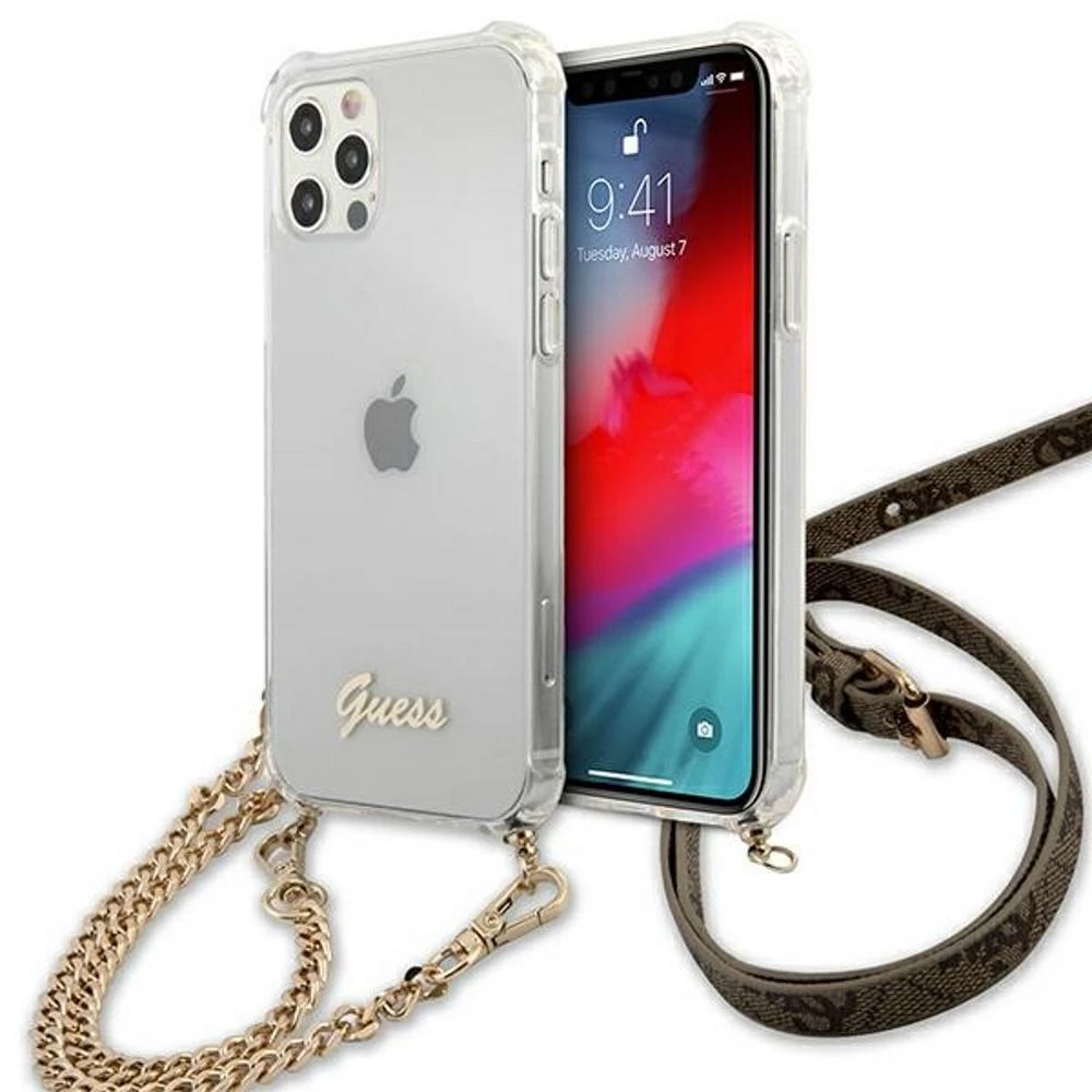 Apple iPhone 12 / 12 Pro Guess dėklas 4G Gold Chain (GUHCP12MKC4GSGO) skaidrus