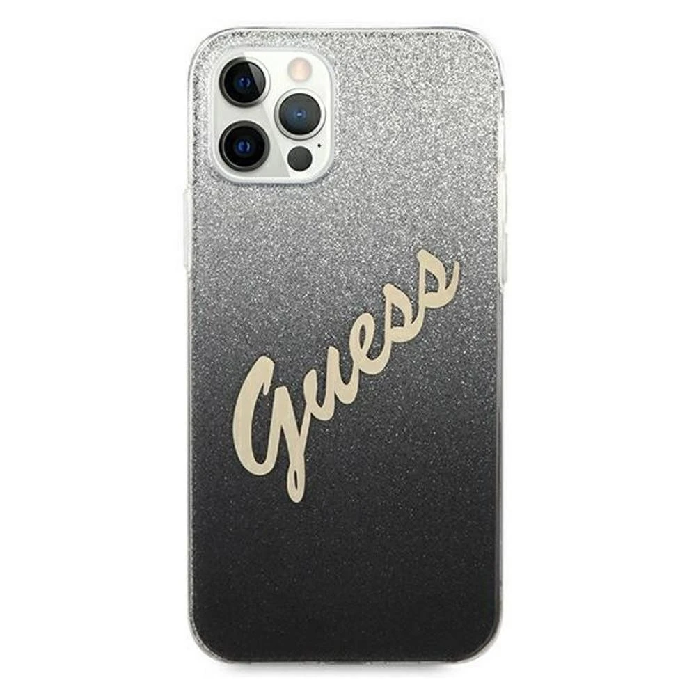 Guess dėklas, skirtas iPhone 12 / 12 Pro 6,1 GUHCP12MPCUGLSBK juodas kietas dėklas, skirtas Glitter Gradient Script