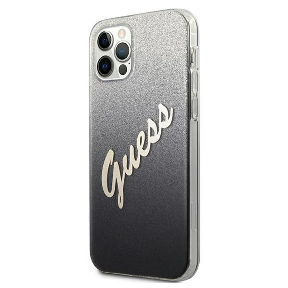 Guess dėklas, skirtas iPhone 12 / 12 Pro 6,1 GUHCP12MPCUGLSBK juodas kietas dėklas, skirtas Glitter Gradient Script