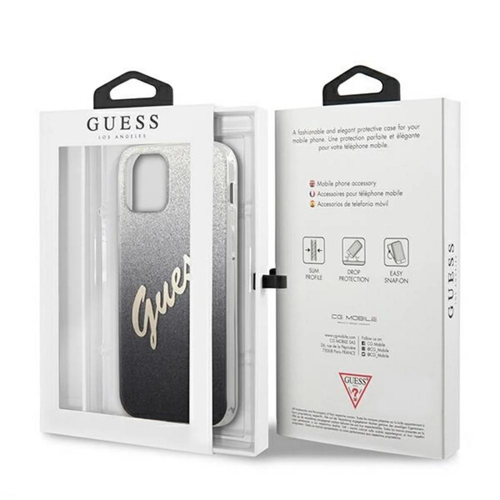Guess dėklas, skirtas iPhone 12 / 12 Pro 6,1 GUHCP12MPCUGLSBK juodas kietas dėklas, skirtas Glitter Gradient Script