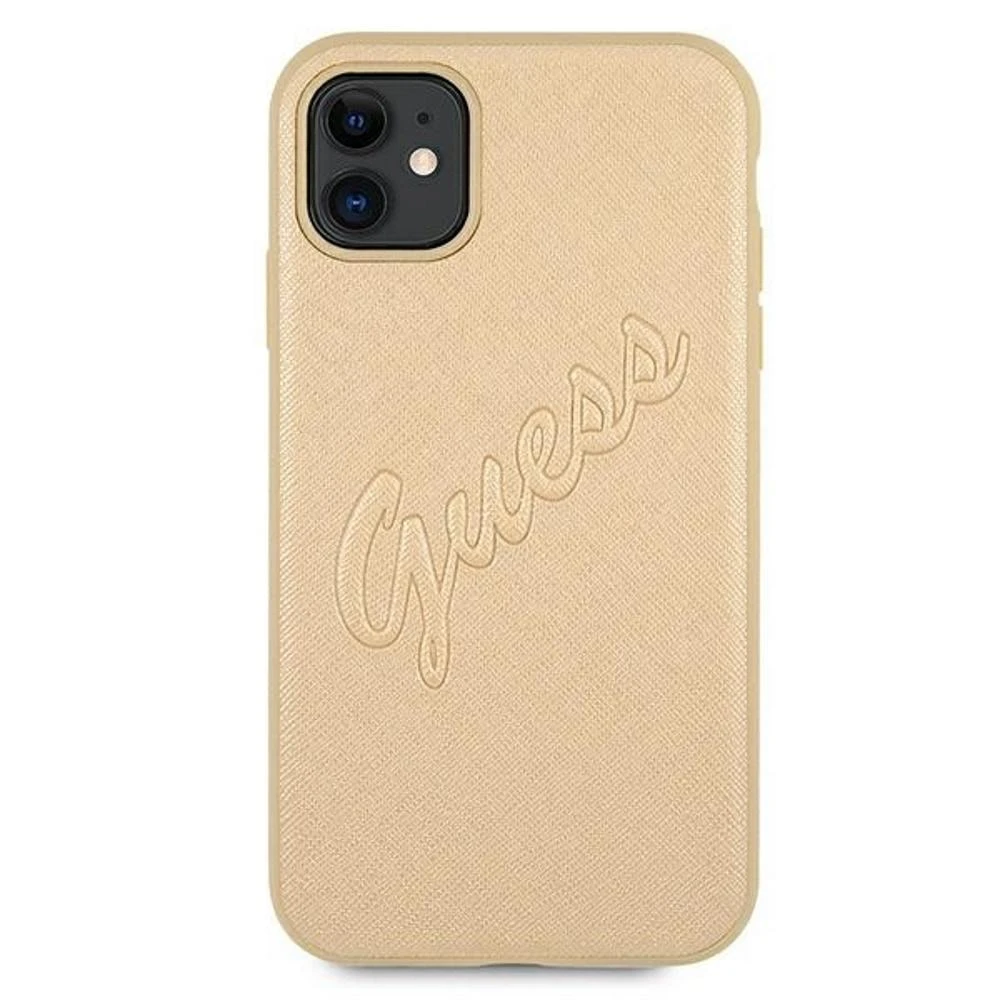 Guess GUHCP12MRSAVSLG Apple iPhone 12/12 Pro 6,1″ auksinis kietas dėklas Saffiano Vintage Script