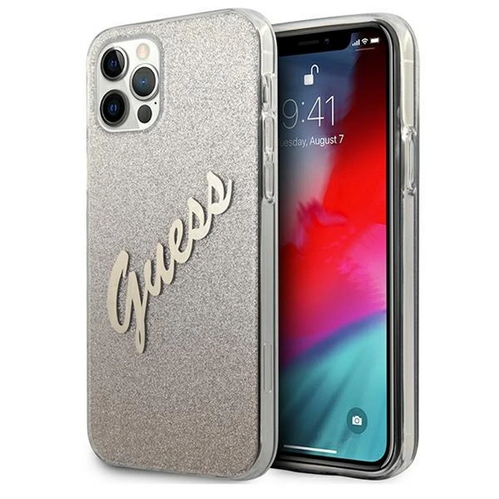 Dėklas GUESS GLITTER GRADIENT SCRIPT IPHONE 12 PRO MAX GOLD