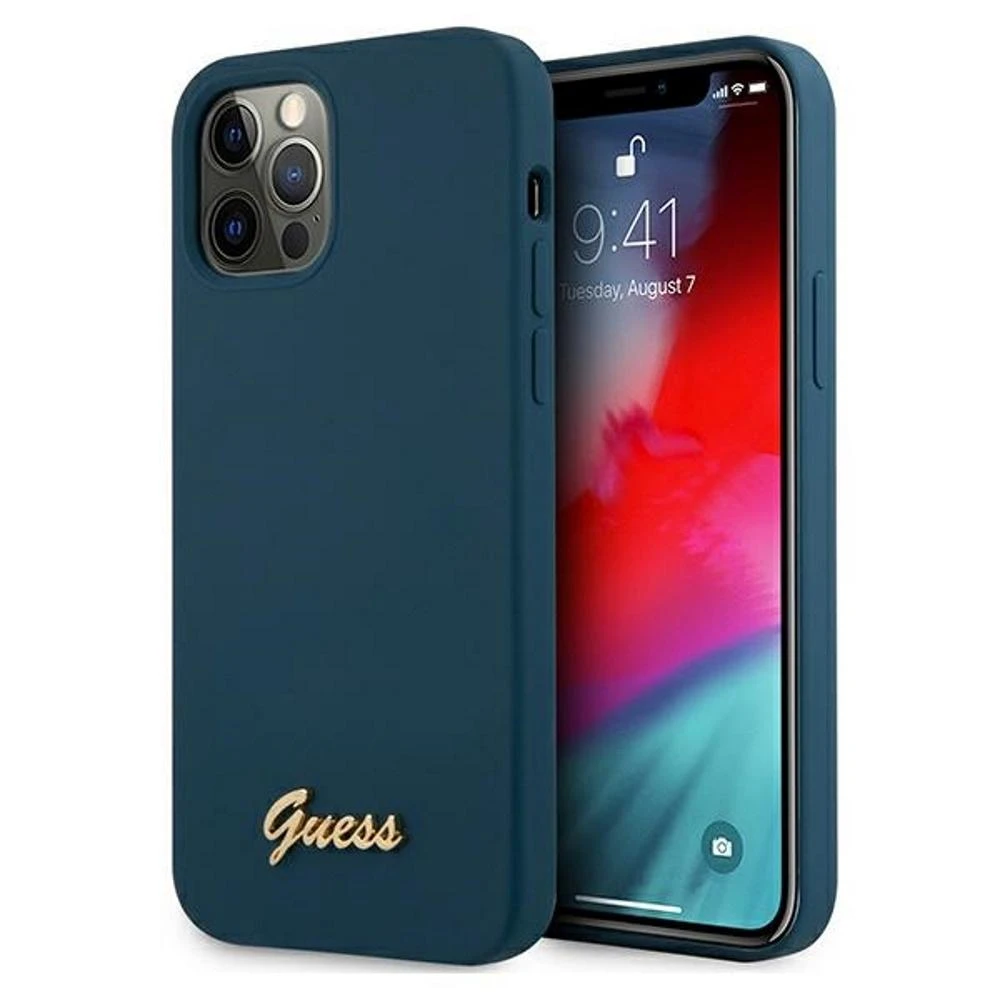Guess GUHCP12LLSLMGBL Apple iPhone 12 Pro Max 6,7" mėlynas kietas dėklas metalinis logotipas užrašas