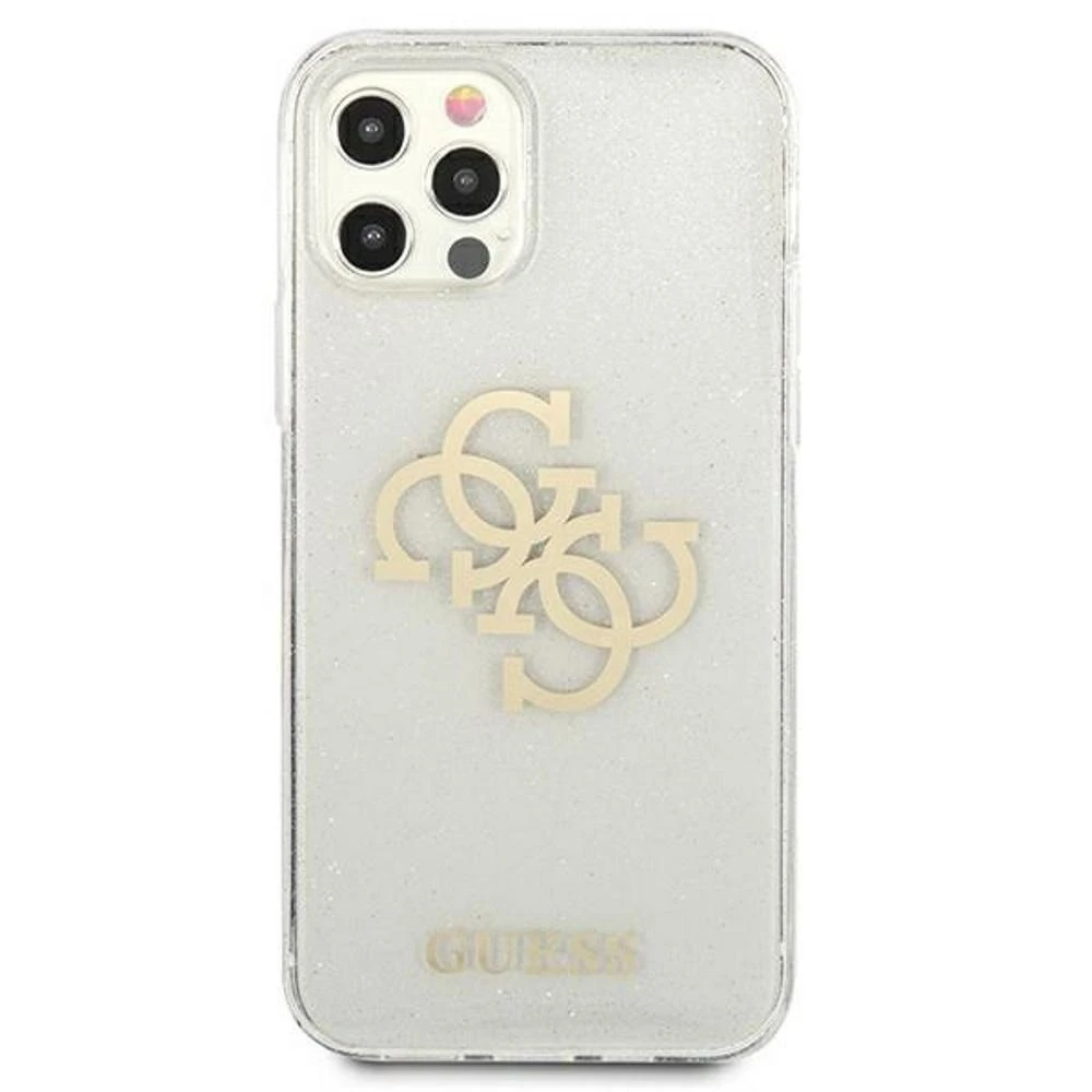 Guess GUHCP12LPCUGL4GTR Apple iPhone 12 Pro Max 6,7″ skaidrus kietas dėklas Glitter 4G Big Logo