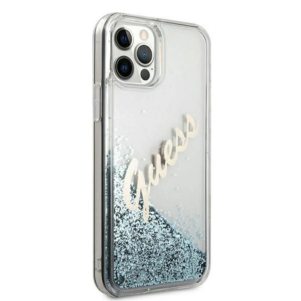 Guess GUHCP12LGLVSBL Apple iPhone 12 Pro Max 6,7″ mėlynas kietas dėklas Glitter Vintage Script