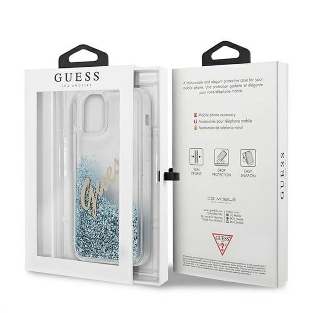 Guess GUHCP12LGLVSBL Apple iPhone 12 Pro Max 6,7″ mėlynas kietas dėklas Glitter Vintage Script