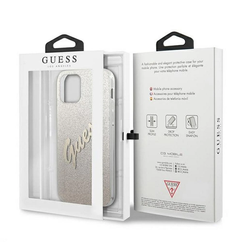 Dėklas GUESS GLITTER GRADIENT SCRIPT IPHONE 12 PRO MAX GOLD