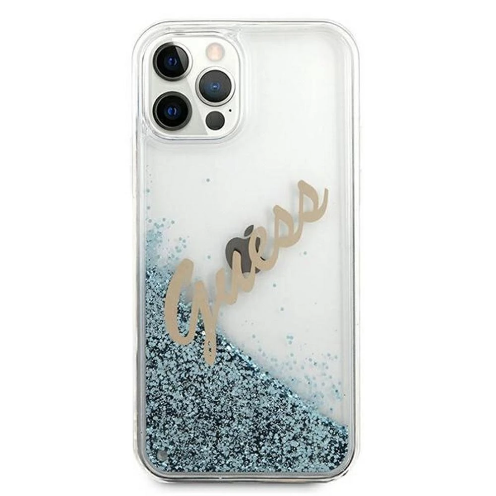 Guess GUHCP12LGLVSBL Apple iPhone 12 Pro Max 6,7″ mėlynas kietas dėklas Glitter Vintage Script