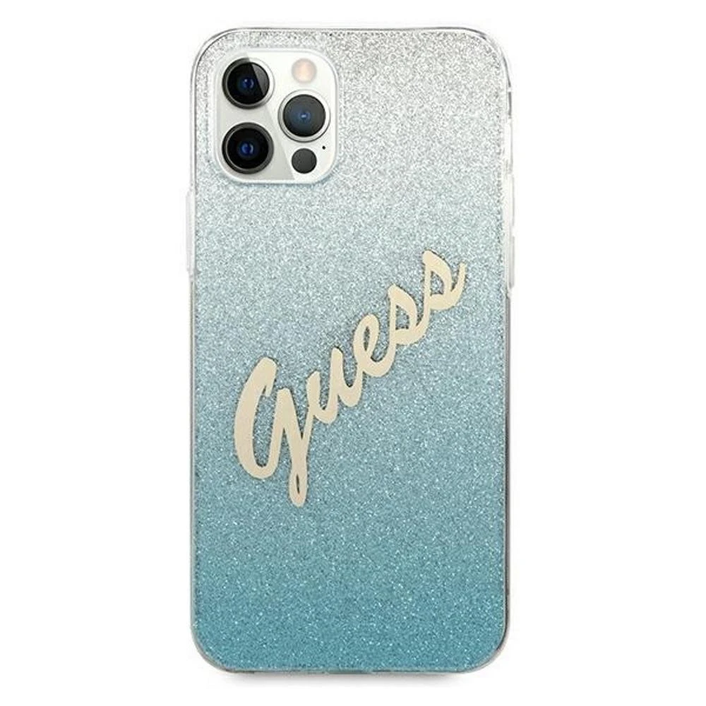 Guess GUHCP12LPCUGLSBL Apple iPhone 12 Pro Max 6,7″ mėlynas kietas dėklas Glitter Gradient Script