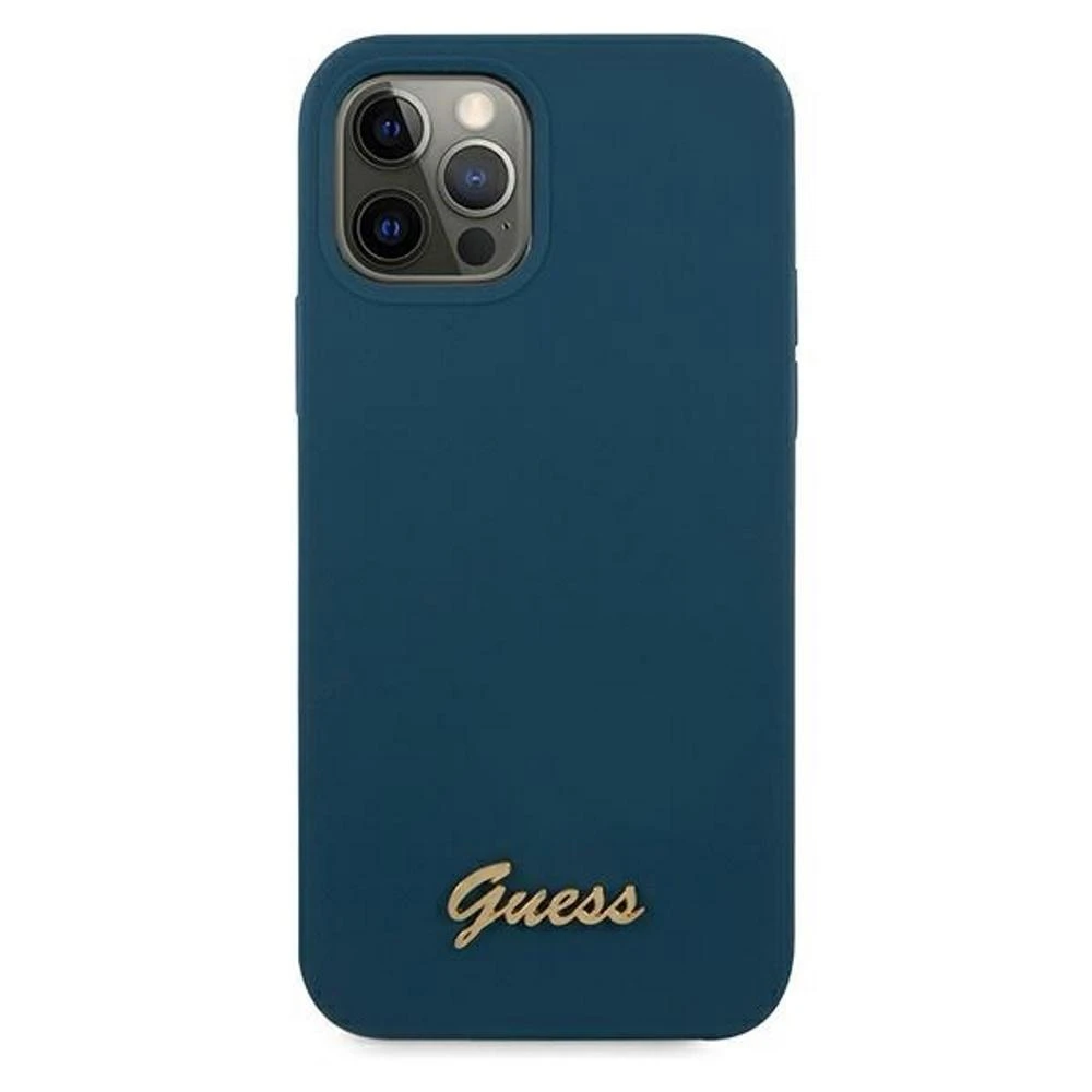 Guess GUHCP12LLSLMGBL Apple iPhone 12 Pro Max 6,7" mėlynas kietas dėklas metalinis logotipas užrašas