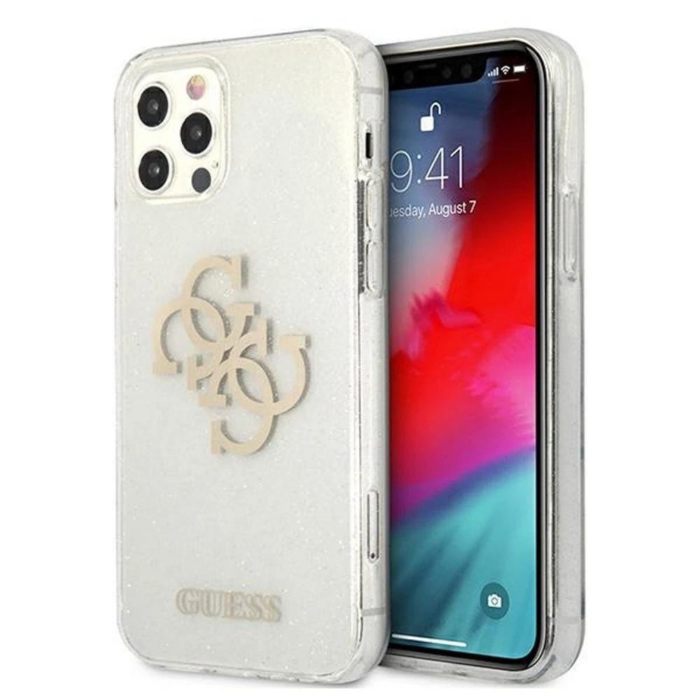 Guess GUHCP12LPCUGL4GTR Apple iPhone 12 Pro Max 6,7″ skaidrus kietas dėklas Glitter 4G Big Logo