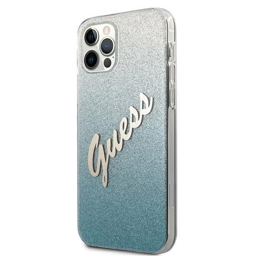 Guess GUHCP12LPCUGLSBL Apple iPhone 12 Pro Max 6,7″ mėlynas kietas dėklas Glitter Gradient Script