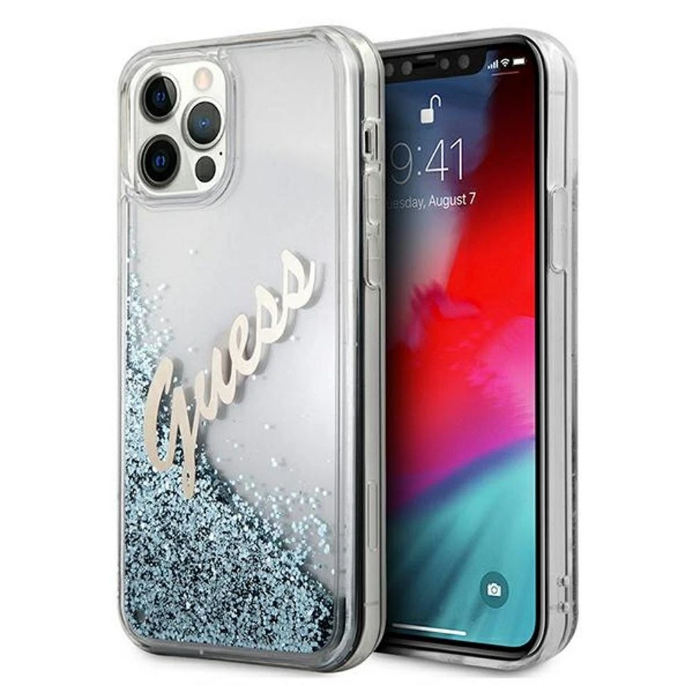 Guess GUHCP12LGLVSBL Apple iPhone 12 Pro Max 6,7″ mėlynas kietas dėklas Glitter Vintage Script