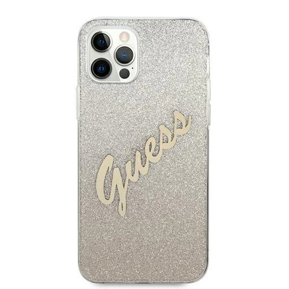 Dėklas GUESS GLITTER GRADIENT SCRIPT IPHONE 12 PRO MAX GOLD