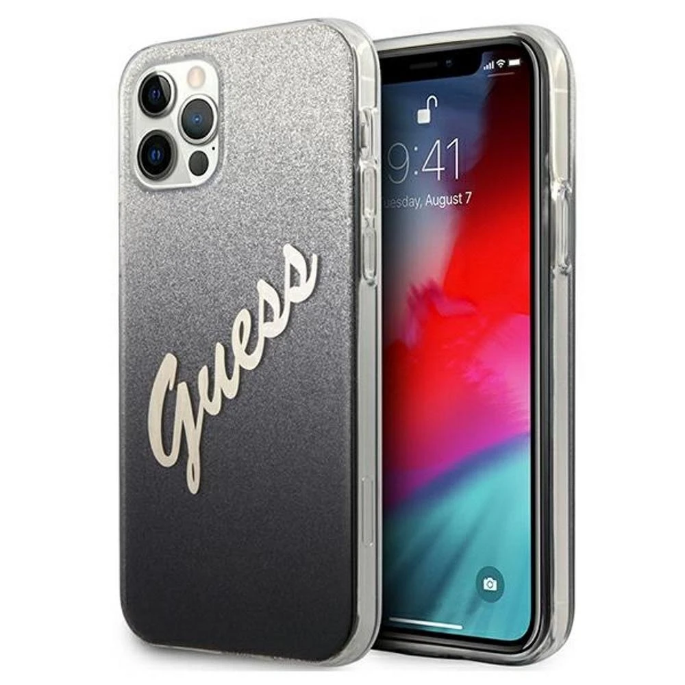Dėklas GUESS GLITTER GRADIENT SCRIPT IPHONE 12 PRO MAX Juodas
