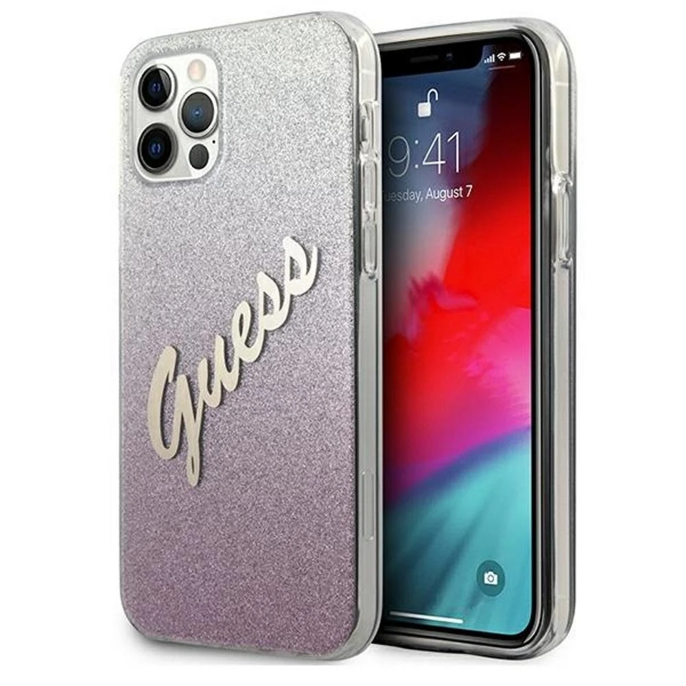 Guess GUHCP12LPCUGLSPI Apple iPhone 12 Pro Max 6,7″ rožinės spalvos kietas dėklas Glitter Gradient Script