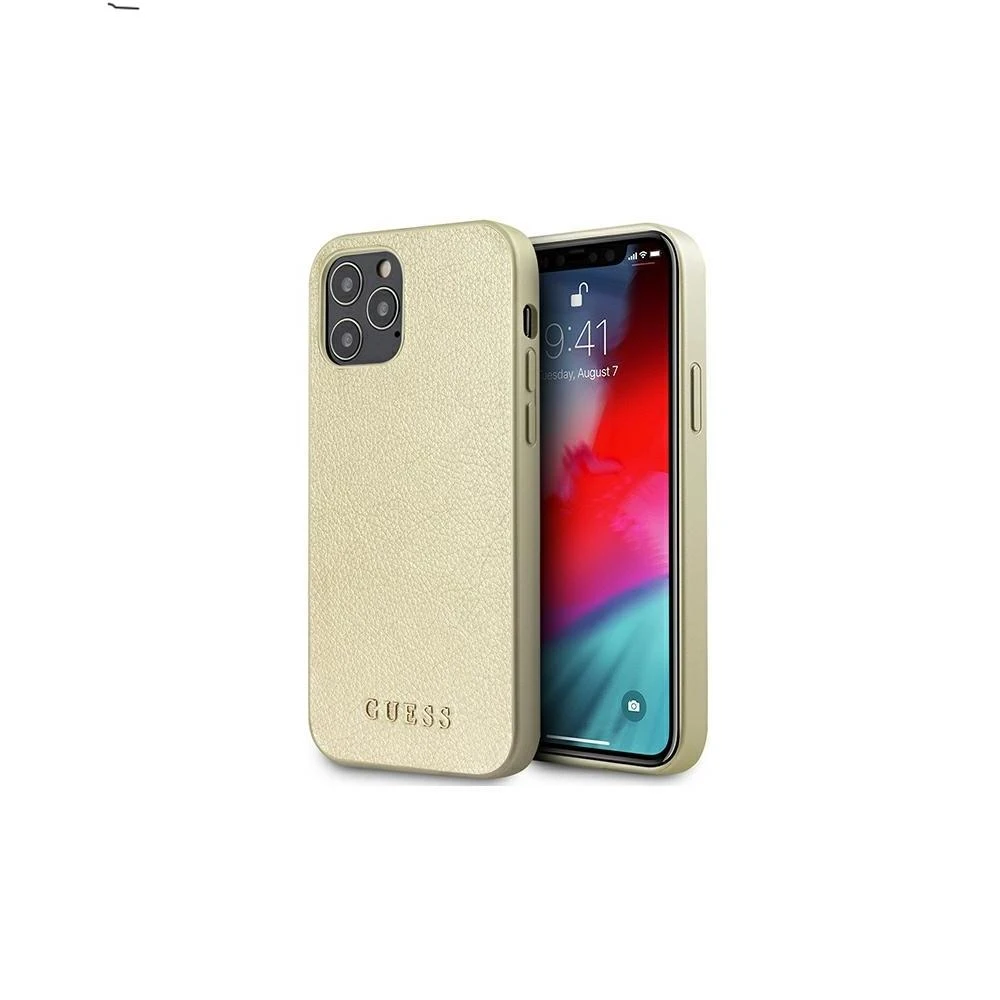 Guess GUHCP12LIGLGO Apple iPhone 12 Pro Max 6,7″ auksinis kietas dėklas Iridescent