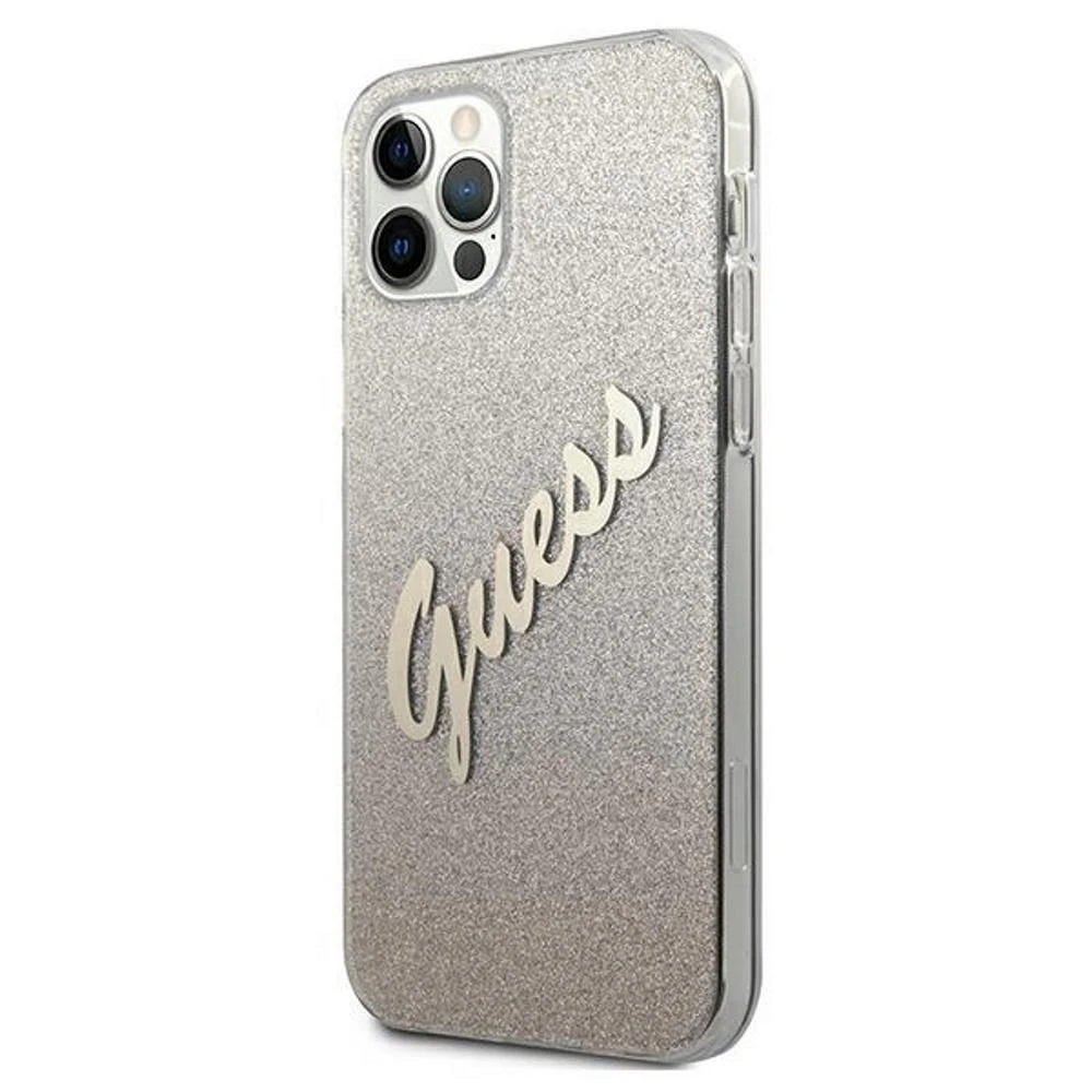 Dėklas GUESS GLITTER GRADIENT SCRIPT IPHONE 12 PRO MAX GOLD