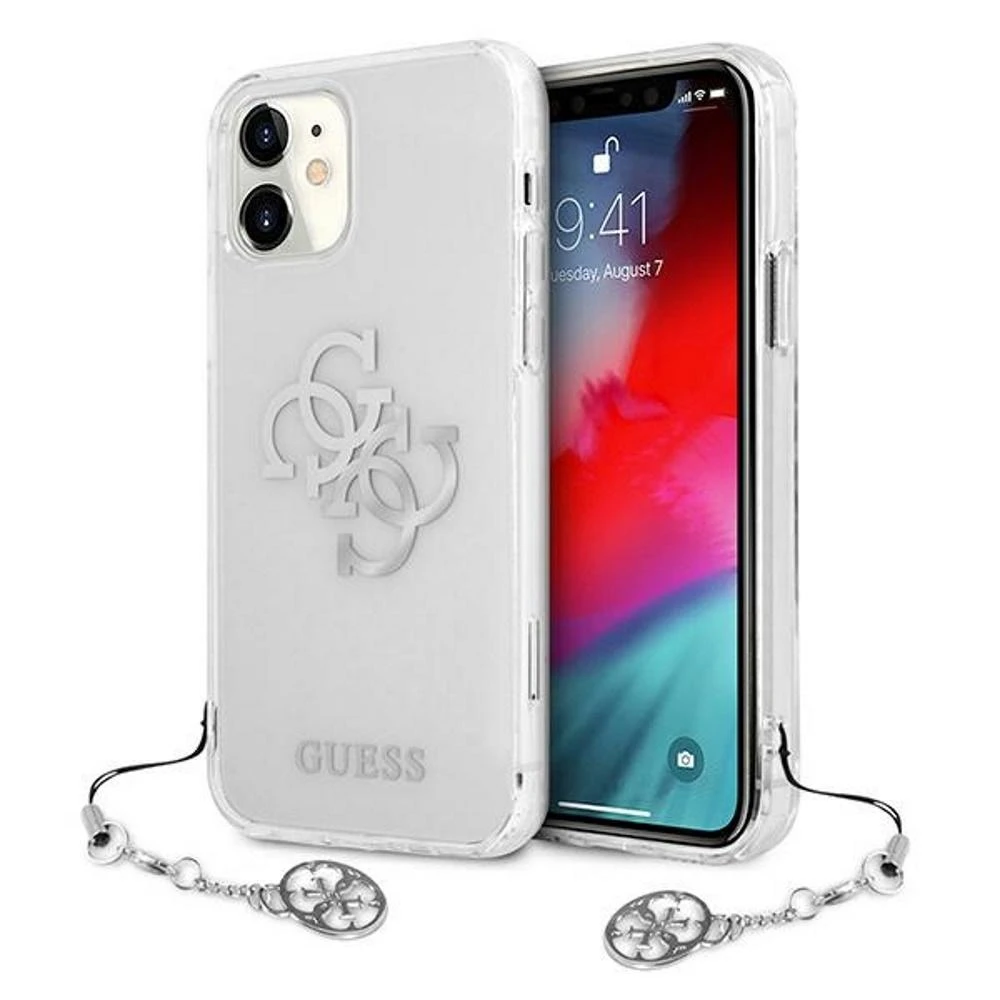 Guess GUHCP12LKS4GSI Apple iPhone 12 Pro Max 6,7″ skaidrus kietas dėklas 4G Sidabrinis Charms Collection