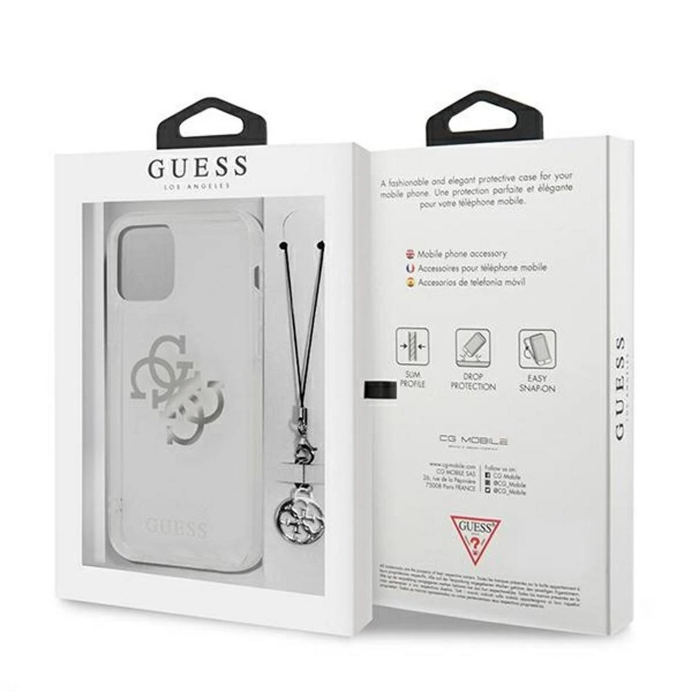 Guess GUHCP12LKS4GSI Apple iPhone 12 Pro Max 6,7″ skaidrus kietas dėklas 4G Sidabrinis Charms Collection