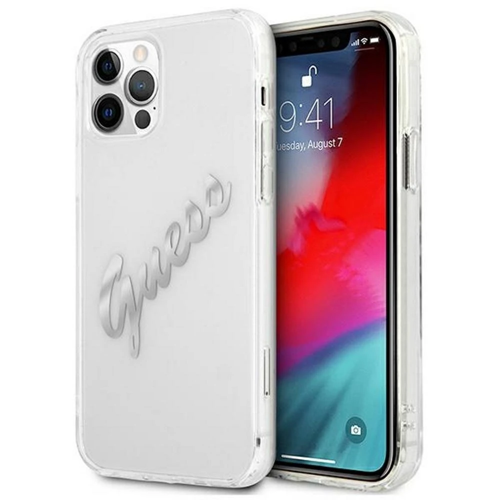 Dėklas GUESS GUHCP12LKTRSVSI IPHONE 12 PRO MAX 6.7 "TRANSPARENT HARDCASE VINTAGE SCRIPT Sidabrinis